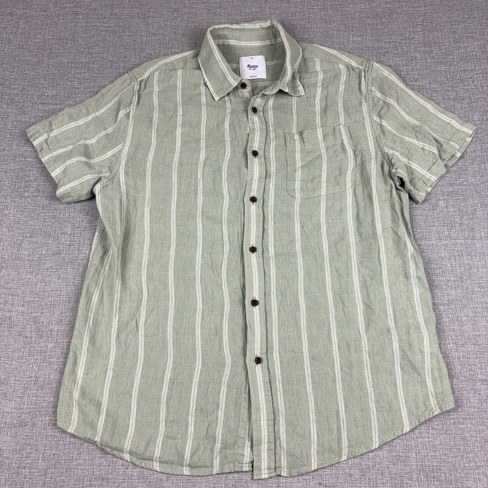 Katin Shirt Mens Large Green Striped Short Sleeve Button Up Cotton Linen Casual